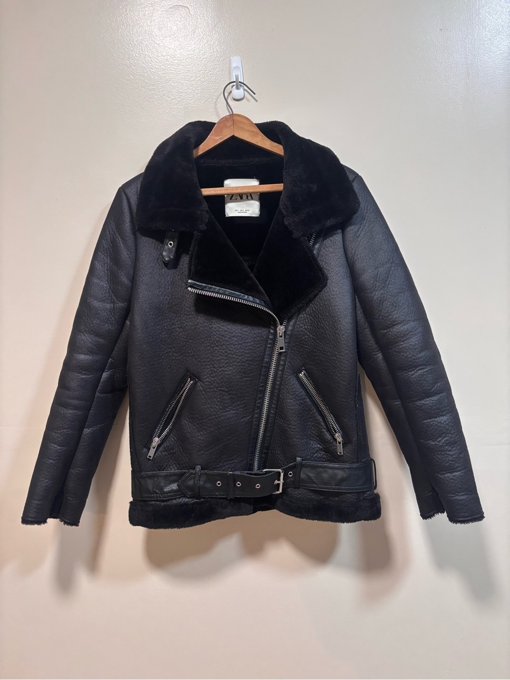 Zara Black Shearling Biker Jacket - Women (Look closely at the photos)